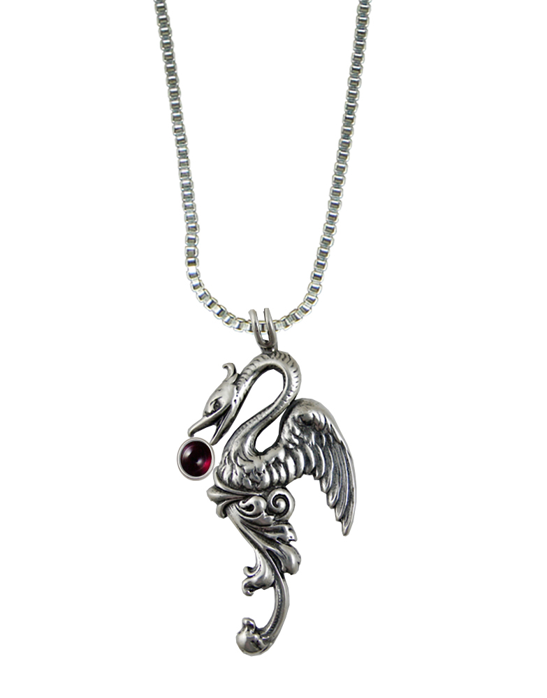 Sterling Silver Medieval Phoenix Sun Bird Pendant With Garnet
